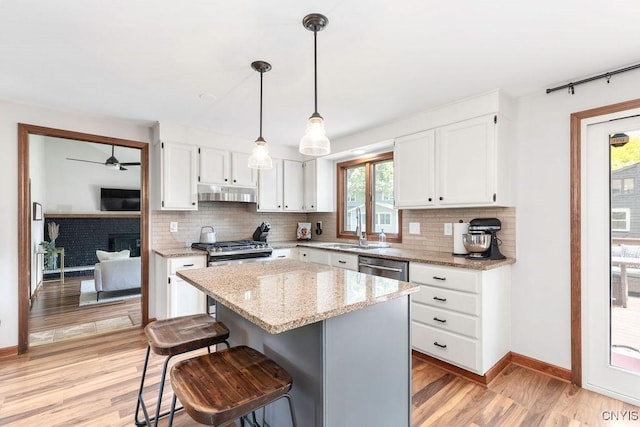 4292 Persimmon, Clay, NY 13090 - kitchen with under cabinet range hood, a sink, light wood-type flooring, and decorative backsplash