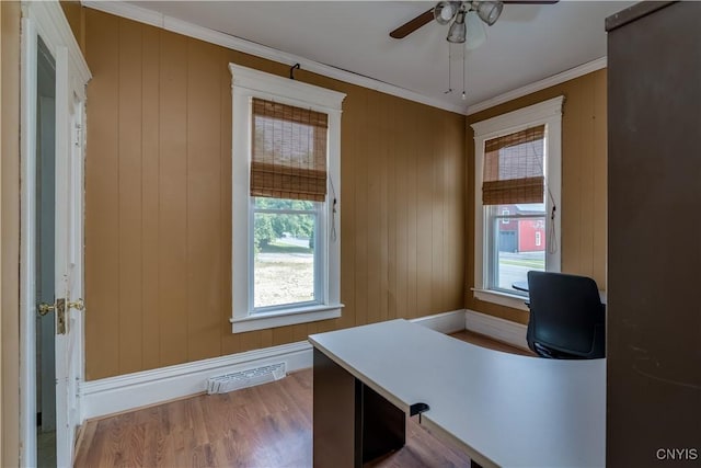25 Waid St, Gouverneur, NY 13642 - office space with plenty of natural light, wood finished floors, ornamental molding, ceiling fan, and baseboards