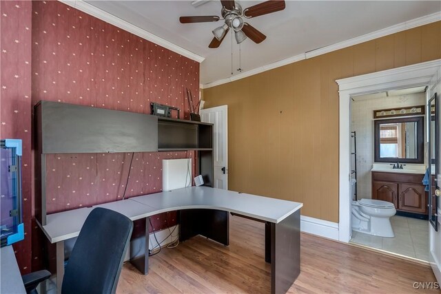 25 Waid St, Gouverneur, NY 13642 - unfurnished office featuring ceiling fan, wood finished floors, a sink, ornamental molding, and baseboards