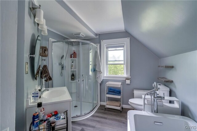 25 Waid St, Gouverneur, NY 13642 - full bath with toilet, a shower stall, wood finished floors, vaulted ceiling, and vanity