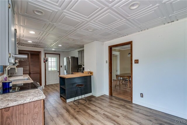 25 Waid St, Gouverneur, NY 13642 - kitchen with wooden counters, a sink, an ornate ceiling, stainless steel refrigerator with ice dispenser, and light wood-style floors
