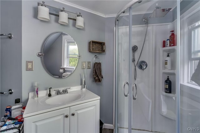 25 Waid St, Gouverneur, NY 13642 - full bathroom with a shower stall, vanity, and crown molding