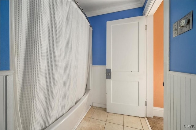 817 Mildred Ave, Utica, NY 13502 - bathroom with a wainscoted wall, tile patterned flooring, shower / bath combination with curtain, and ornamental molding