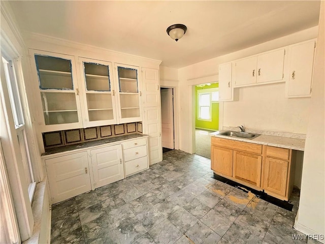 472 Leroy Ave, Buffalo, NY 14215 - kitchen featuring light countertops, crown molding, white cabinets, stone finish floors, and glass insert cabinets