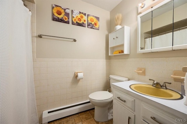 1 Christopher Cir, New Hartford, NY 13413 - bathroom featuring baseboard heating, toilet, tile walls, vanity, and a shower with shower curtain