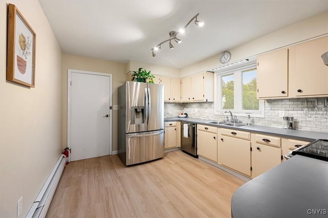 1 Christopher Cir, New Hartford, NY 13413 - kitchen with appliances with stainless steel finishes, a sink, baseboard heating, light wood finished floors, and tasteful backsplash
