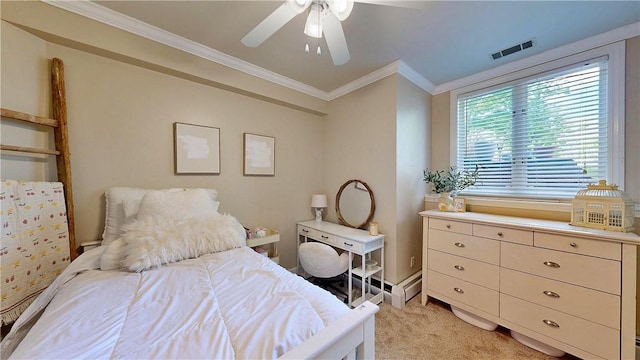 11 Sunrise Park, Pittsford, NY 14534 - bedroom featuring light carpet, crown molding, a ceiling fan, a baseboard radiator, and baseboards