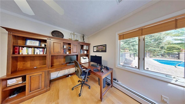 11 Sunrise Park, Pittsford, NY 14534 - office area featuring crown molding, light wood-style flooring, baseboard heating, and built in desk