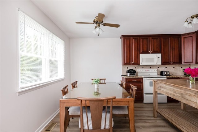 39 Sunnyside Dr, Elmira, NY 14905 - kitchen featuring white appliances, light wood-type flooring, backsplash, ceiling fan, and light countertops