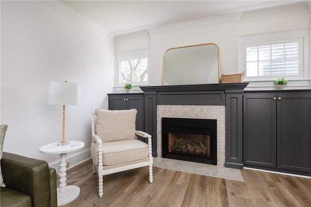 39 Sunnyside Dr, Elmira, NY 14905 - living area with light wood-type flooring, plenty of natural light, ornamental molding, a fireplace, and baseboards
