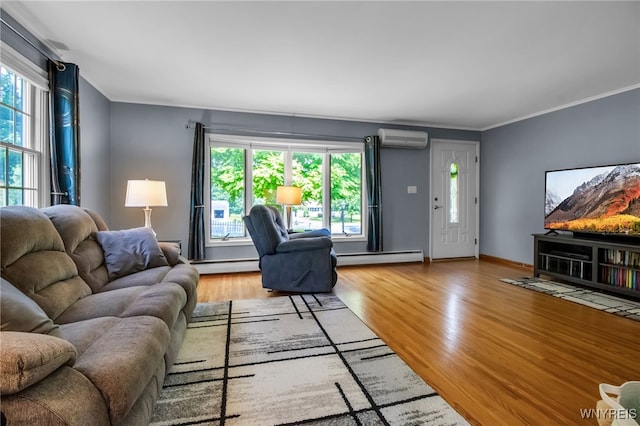 669 Quaker Rd, Aurora, NY 14052 - living room with a wall mounted AC, healthy amount of natural light, crown molding, light wood-type flooring, and a baseboard heating unit