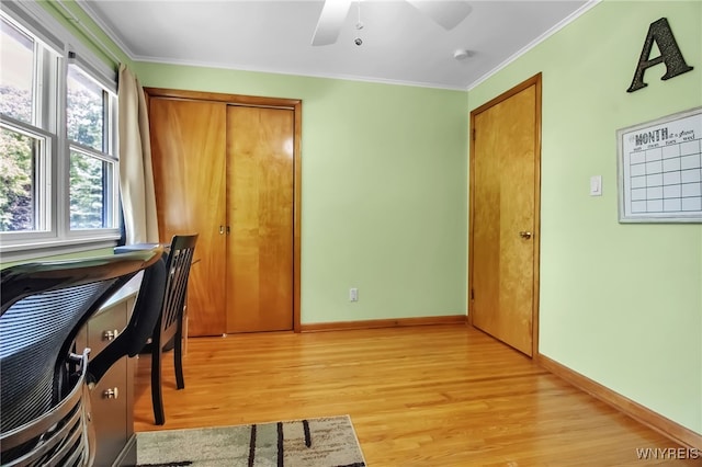 669 Quaker Rd, Aurora, NY 14052 - office featuring light wood-style floors, crown molding, baseboards, and a ceiling fan