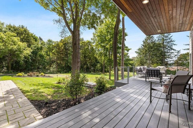 3 Elson Ln, Skaneateles, NY 13152 - wooden terrace featuring an outdoor living space and a lawn