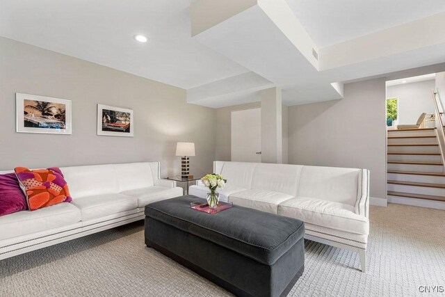 3 Elson Ln, Skaneateles, NY 13152 - living room with light carpet, recessed lighting, and stairs