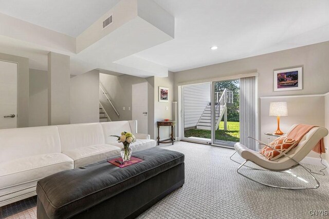 3 Elson Ln, Skaneateles, NY 13152 - living room with carpet, stairway, baseboards, and recessed lighting
