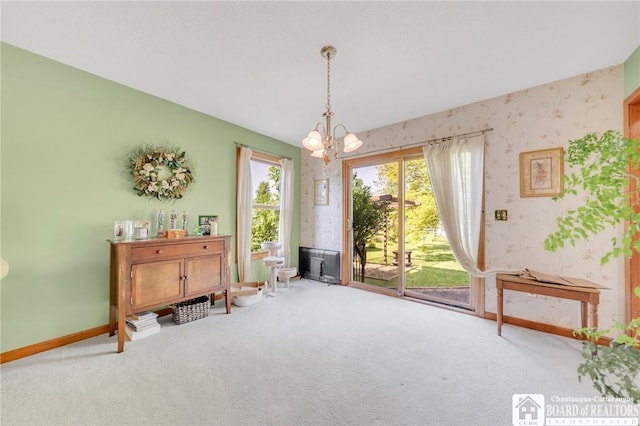 7080 Goodrich Rd, Clarence, NY 14032 - carpeted dining room with a chandelier, wallpapered walls, and baseboards