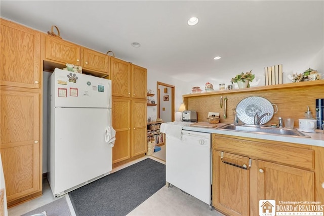 7080 Goodrich Rd, Clarence, NY 14032 - kitchen with white appliances, open shelves, a sink, light countertops, and recessed lighting