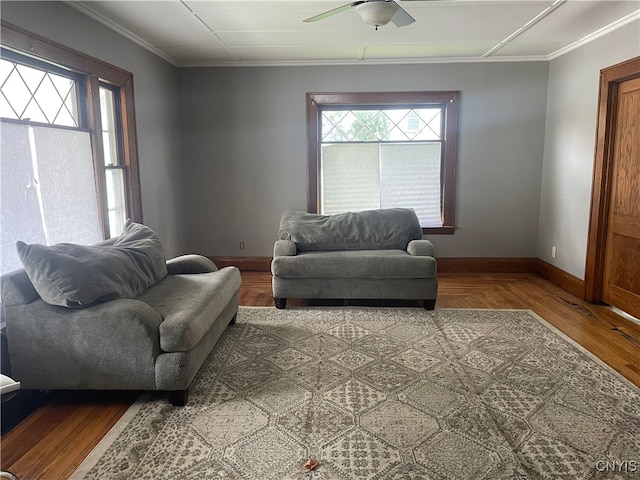 61 2nd St, German Flatts, NY 13357 - living area with healthy amount of natural light, crown molding, ceiling fan, and wood finished floors