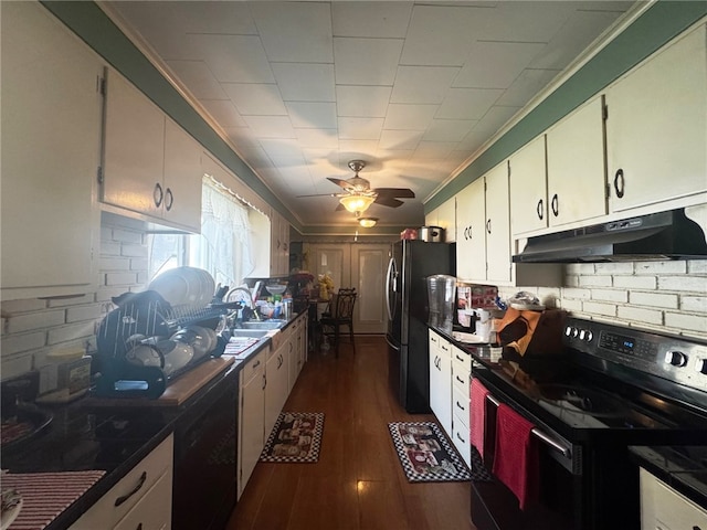 14 Park St, Bradford-City, PA 16701 - kitchen featuring black appliances, under cabinet range hood, decorative backsplash, crown molding, and ceiling fan