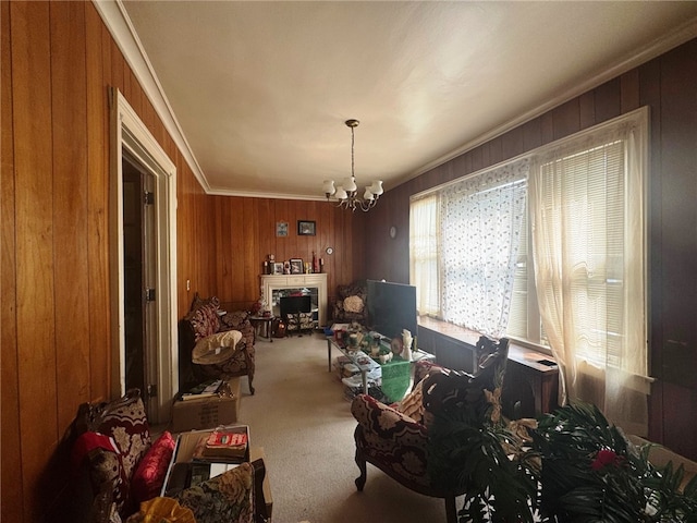 14 Park St, Bradford-City, PA 16701 - carpeted dining room with a chandelier, wood walls, and crown molding