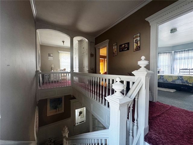 14 Park St, Bradford-City, PA 16701 - stairs featuring carpet flooring, crown molding, and arched walkways