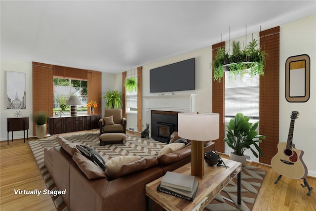 55 Heberton Rd, Irondequoit, NY 14622 - living room with light wood-type flooring, a brick fireplace, and baseboards