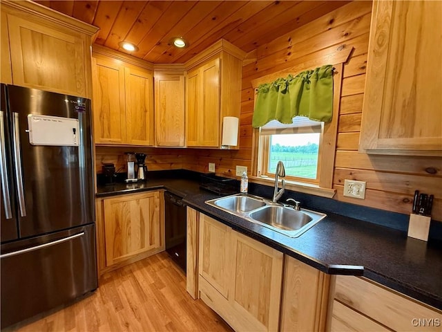 25003 State Route 37, Pamelia, NY 13601 - kitchen with freestanding refrigerator, a sink, black dishwasher, dark countertops, and wooden ceiling