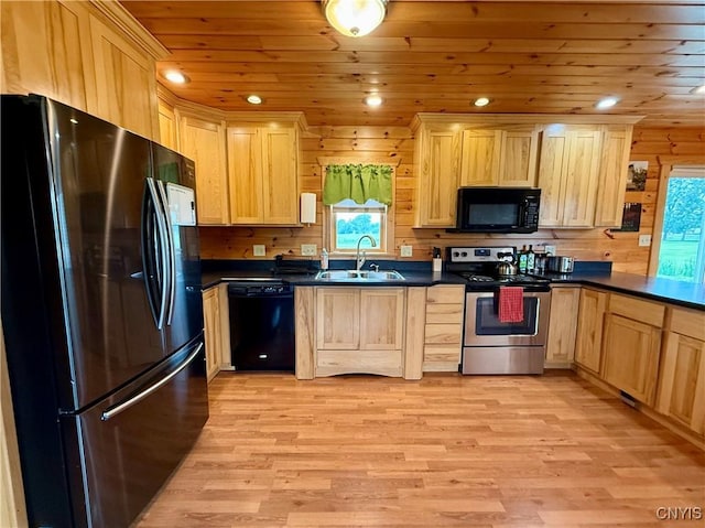 25003 State Route 37, Pamelia, NY 13601 - kitchen featuring black appliances, a sink, light brown cabinetry, dark countertops, and wood ceiling