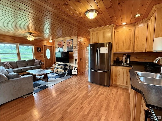 25003 State Route 37, Pamelia, NY 13601 - kitchen featuring freestanding refrigerator, a sink, open floor plan, dark countertops, and light wood finished floors