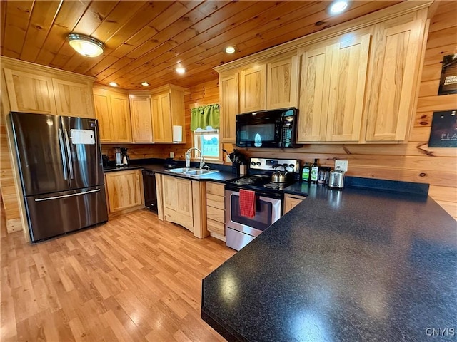 25003 State Route 37, Pamelia, NY 13601 - kitchen featuring black appliances, light brown cabinetry, dark countertops, a sink, and wood ceiling