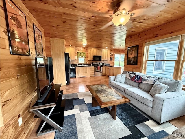 25003 State Route 37, Pamelia, NY 13601 - living room with wooden walls, wooden ceiling, a ceiling fan, and light wood-style flooring