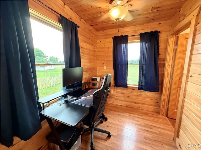 25003 State Route 37, Pamelia, NY 13601 - office area with light wood-style flooring, wooden walls, and a ceiling fan