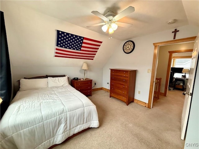 25003 State Route 37, Pamelia, NY 13601 - bedroom featuring light carpet, lofted ceiling, baseboards, and ceiling fan