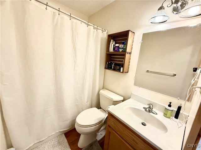 25003 State Route 37, Pamelia, NY 13601 - bathroom with toilet, vanity, wood finished floors, and a shower with curtain
