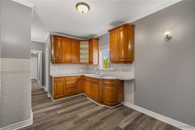 614 20th St, Niagara Falls, NY 14301 - kitchen featuring a sink, light countertops, brown cabinets, dark wood-style floors, and crown molding