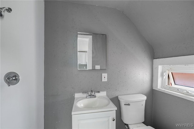 610 20th St, Niagara Falls, NY 14301 - half bath featuring toilet, vanity, and lofted ceiling