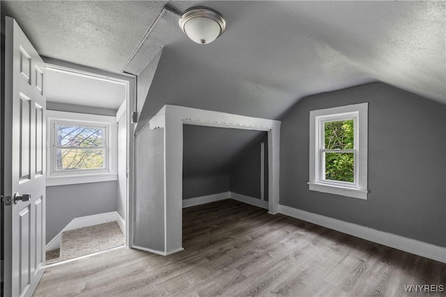 610 20th St, Niagara Falls, NY 14301 - additional living space with a textured ceiling, healthy amount of natural light, wood finished floors, lofted ceiling, and baseboards