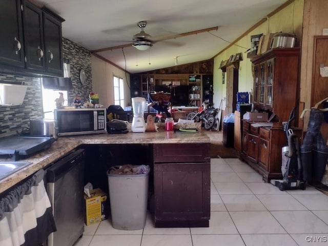 2771 Center Rd, Freetown, NY 13045 - kitchen featuring stainless steel microwave, dishwasher, tasteful backsplash, light tile patterned flooring, and ceiling fan