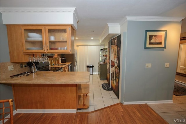 1215-29 James St, Syracuse, NY 13203 - kitchen with light countertops, a peninsula, a sink, black electric range, and crown molding