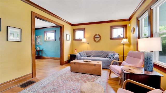 17 Varden St, Rochester, NY 14609 - living room featuring wood finished floors, ornamental molding, and baseboards
