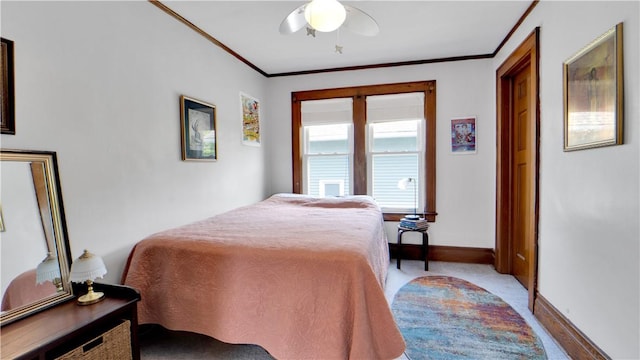 17 Varden St, Rochester, NY 14609 - carpeted bedroom featuring baseboards, ornamental molding, and a ceiling fan