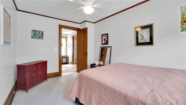 17 Varden St, Rochester, NY 14609 - bedroom with light colored carpet, ornamental molding, baseboards, and a ceiling fan