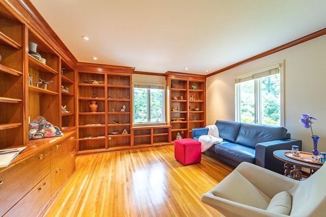 313 Pelham Rd, Brighton, NY 14610 - living room with light wood finished floors, ornamental molding, and recessed lighting