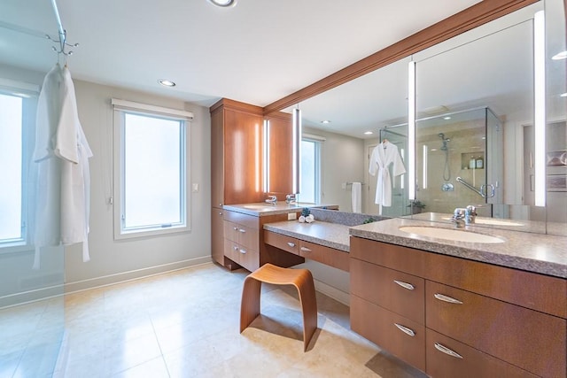 313 Pelham Rd, Brighton, NY 14610 - bathroom with vanity, a shower stall, baseboards, tile patterned floors, and recessed lighting