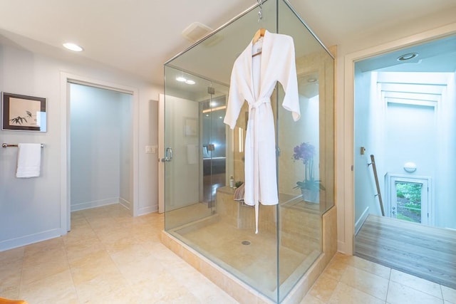 313 Pelham Rd, Brighton, NY 14610 - full bathroom featuring a stall shower, tile patterned flooring, baseboards, and recessed lighting