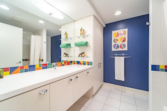 313 Pelham Rd, Brighton, NY 14610 - bathroom featuring vanity, tile patterned flooring, baseboards, recessed lighting, and a shower with shower curtain