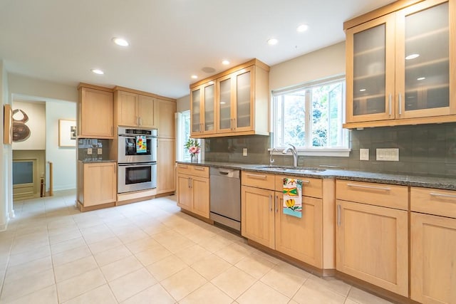 313 Pelham Rd, Brighton, NY 14610 - kitchen with appliances with stainless steel finishes, light brown cabinets, a sink, and recessed lighting
