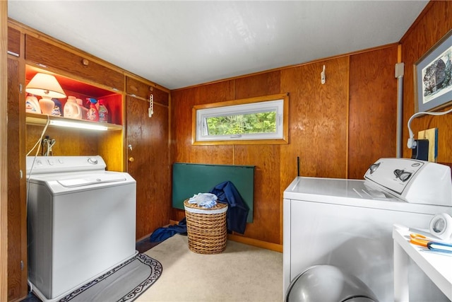 15205 W Lake Rd, Pulteney, NY 14418 - laundry room featuring washer and dryer, carpet flooring, and wooden walls