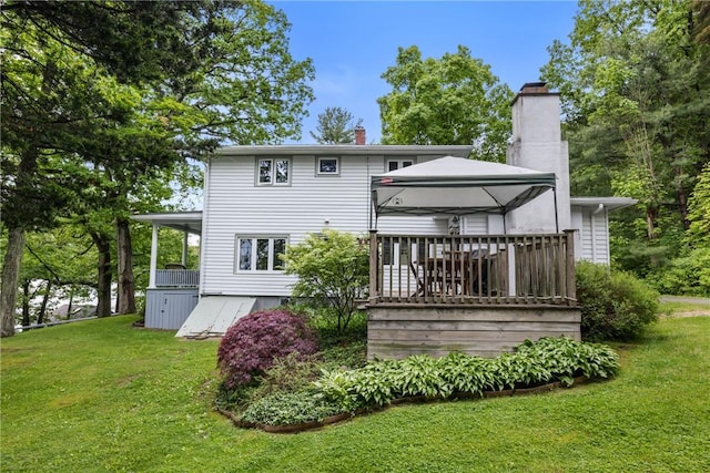 15205 W Lake Rd, Pulteney, NY 14418 - rear view of property with a lawn, a chimney, a deck, and a gazebo