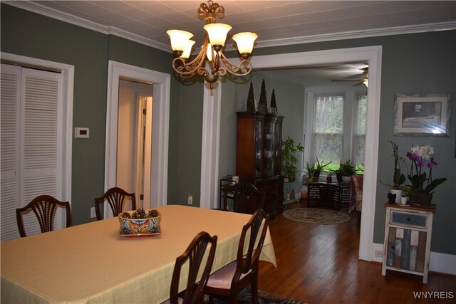 4571 Budd Rd, Cambria, NY 14094 - dining area with a chandelier, hardwood / wood-style flooring, a ceiling fan, and crown molding